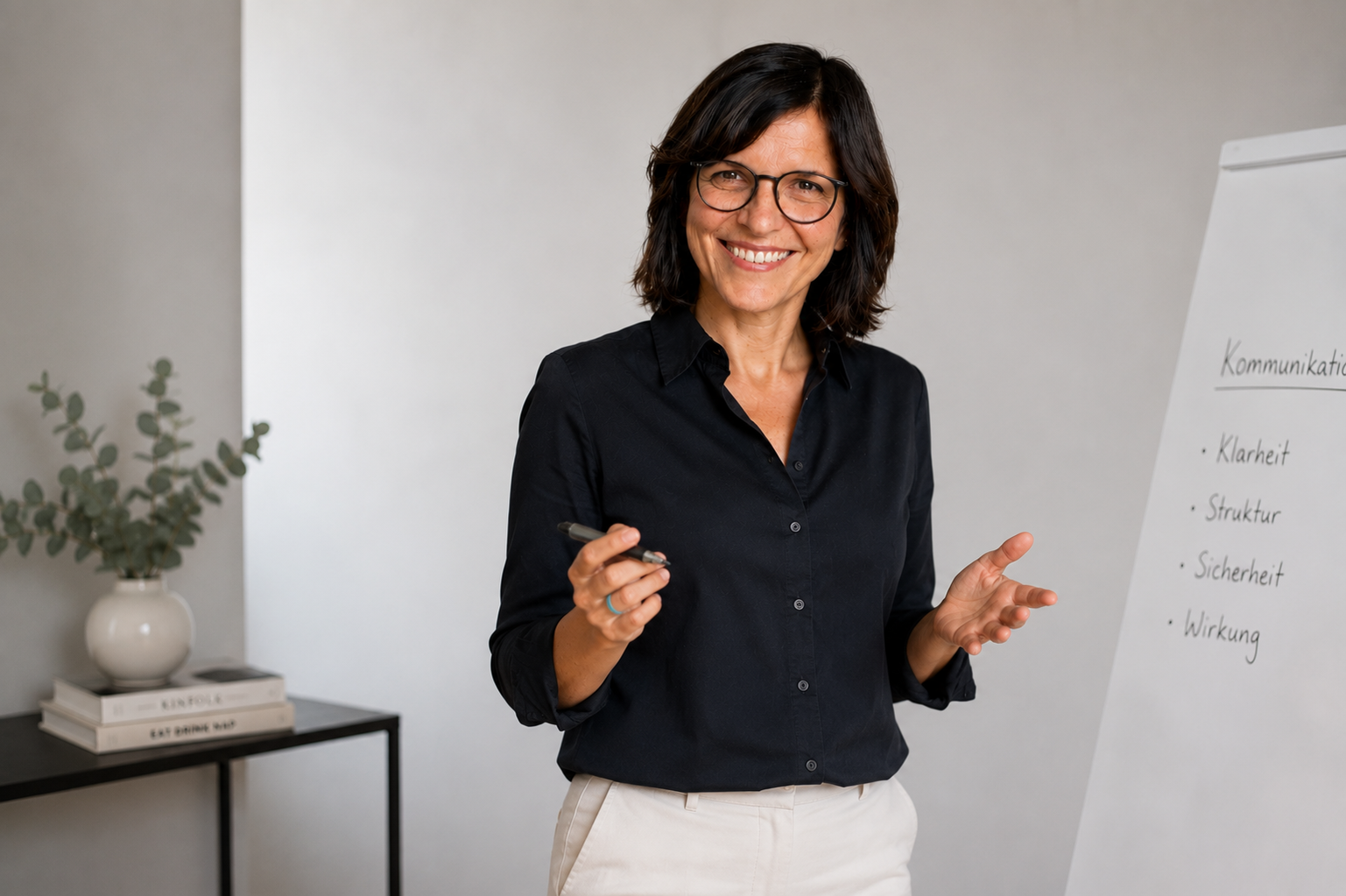 Petra Velten im Coaching vor einem Flipchart mit den Stichworten Klarheit, Struktur, Sicherheit, Wirkung